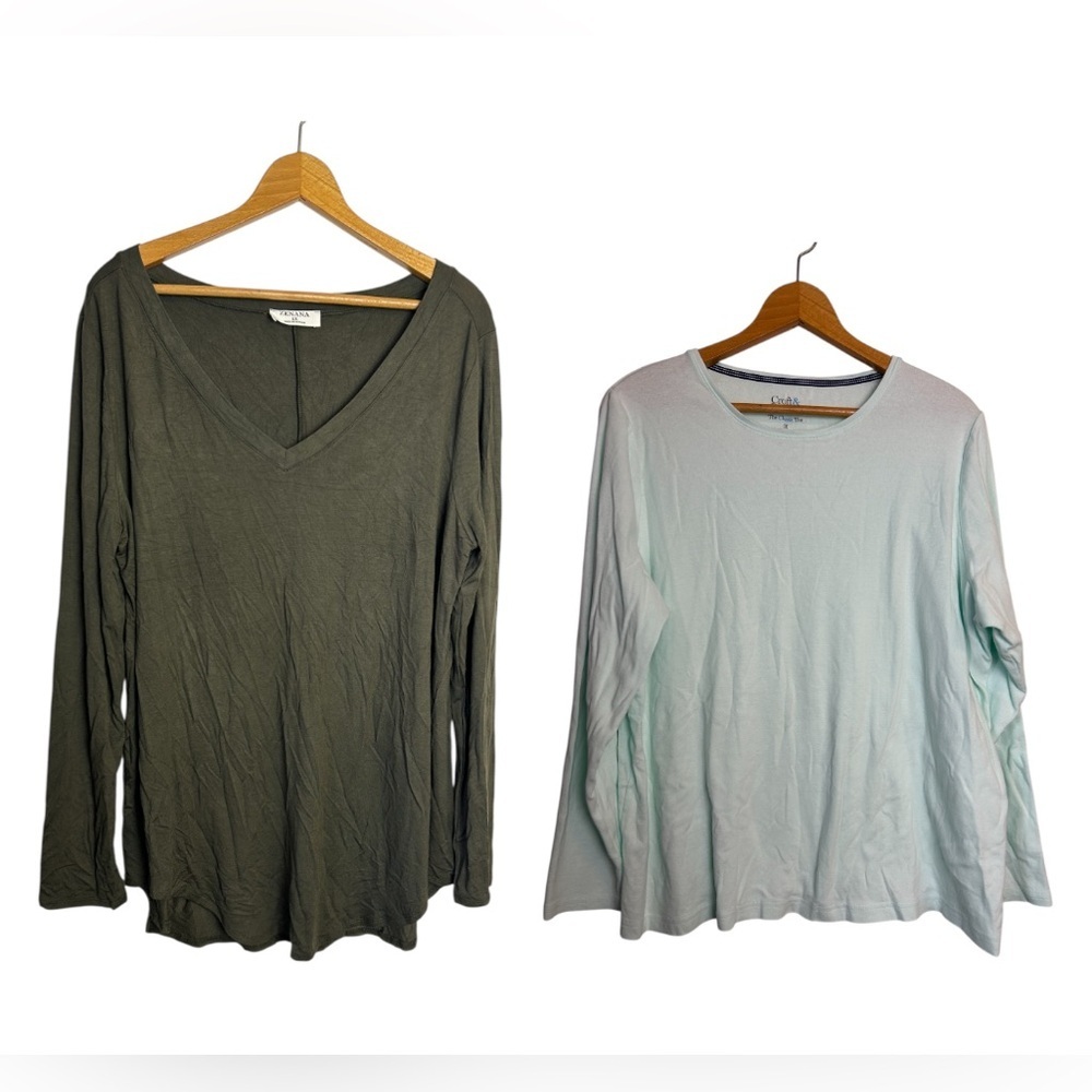 Bundle (2) zenana-Crown Barrow Green-Blue V-Neck Long Sleeve Top Blouse‎ Plus 1X
